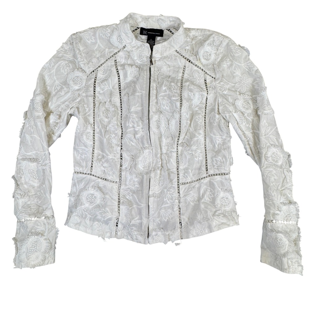 INC International Concepts White Embroidered Fringe Zip Jacket Womens Small